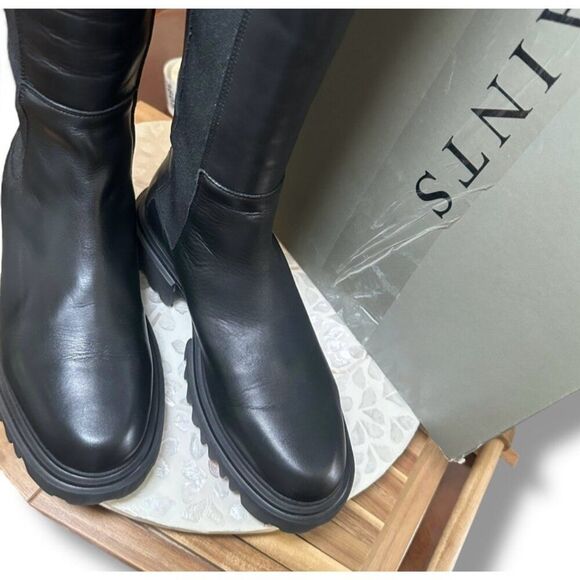 AllSaints Maeve Black Leather Knee High Boots Lug Sole Stretch Panel US 11 EU 41 - Picture 11 of 16